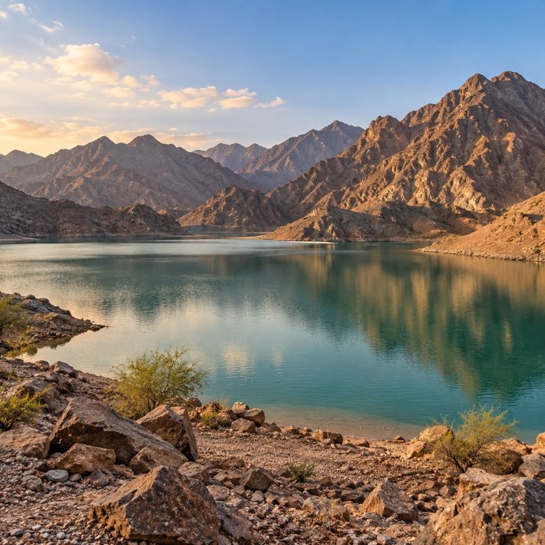Still blue-green water reflecting rocky mountains in warm evening light at Leem Lake, Hatta