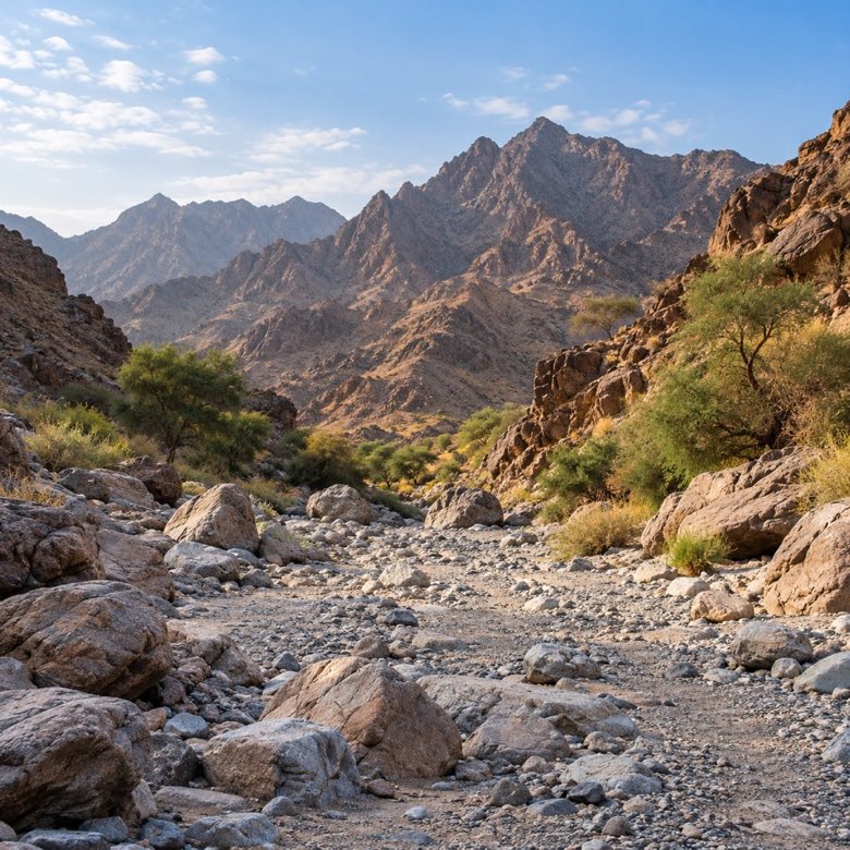 A winding rocky wadi framed by steep valley walls