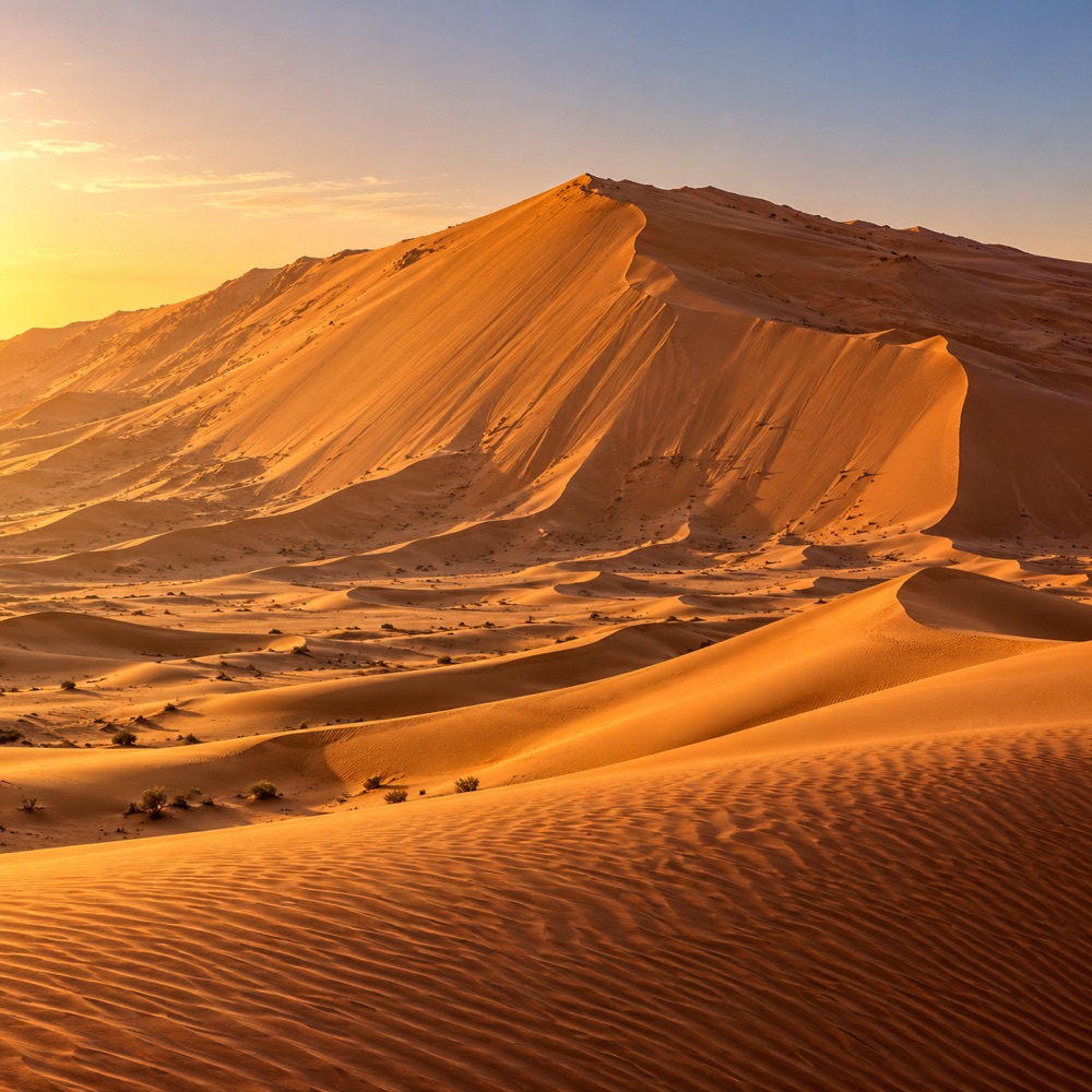 Warm sunlight tracing the curves of desert sand dunes